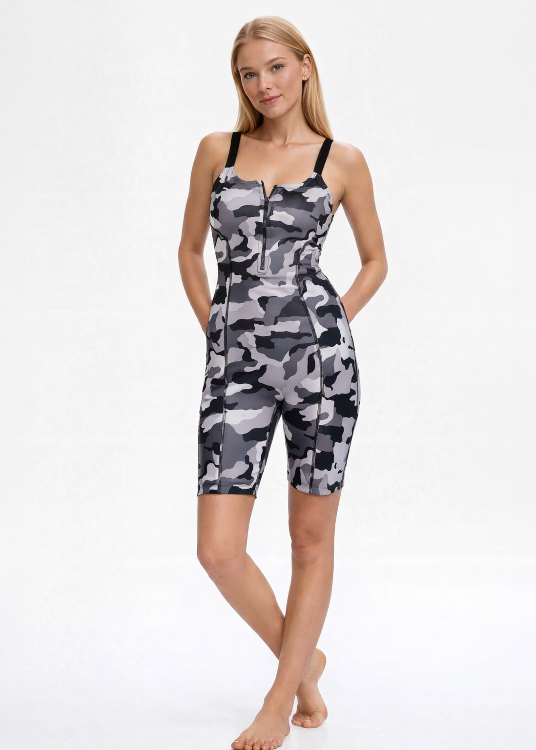 Women's Grey Camo Romper Made in USA detail view 1