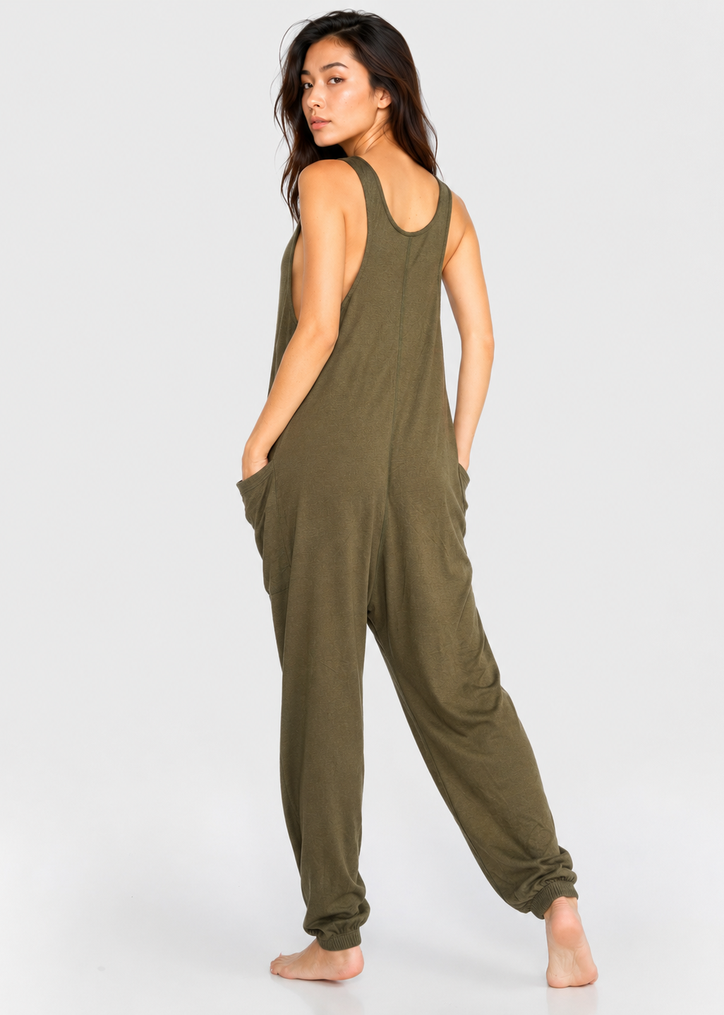Women's Soft Drape Pocket Romper Made in USA back view