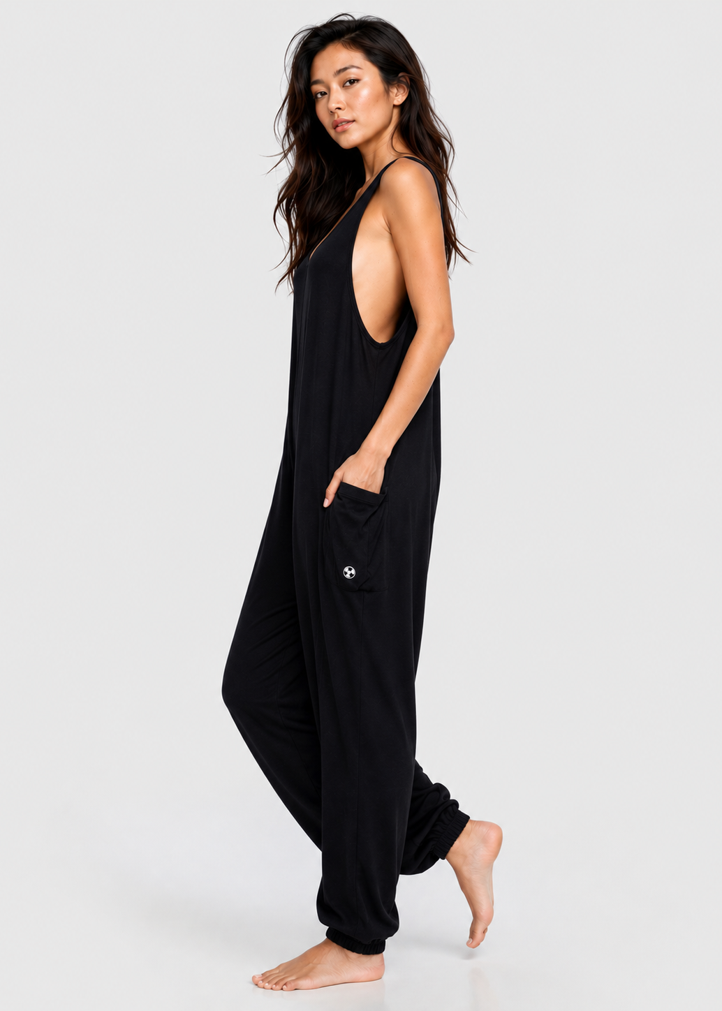 Women's Soft Drape Pocket Romper Made in USA detail view 8