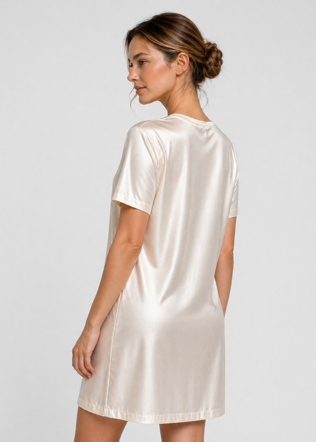 Women's Satin Stretch Mini Dress Made in USA detail view 1