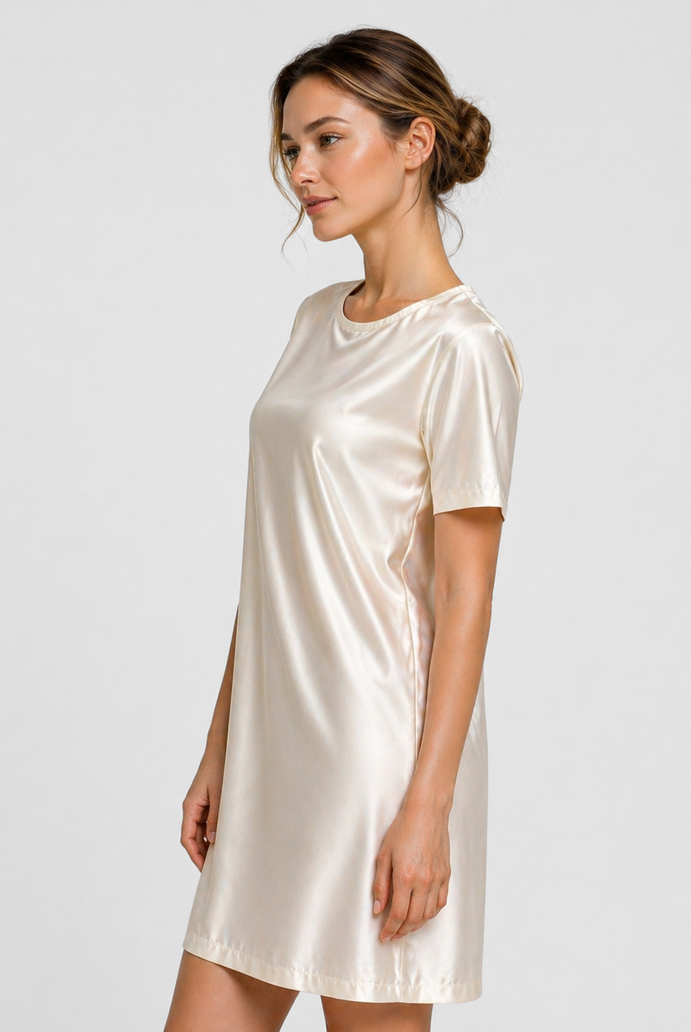 Women's Satin Stretch Mini Dress Made in USA side view