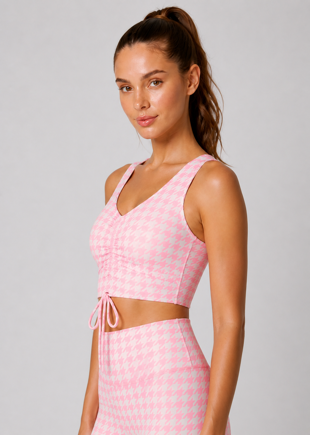 Women's Houndstooth Cinched Drawstring Crop Top Made in USA back view