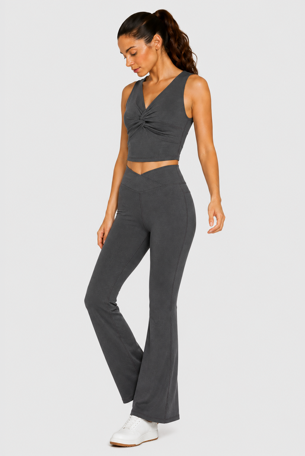 Women's Cross Front Flare Yoga 2-Piece Set Made in USA front view
