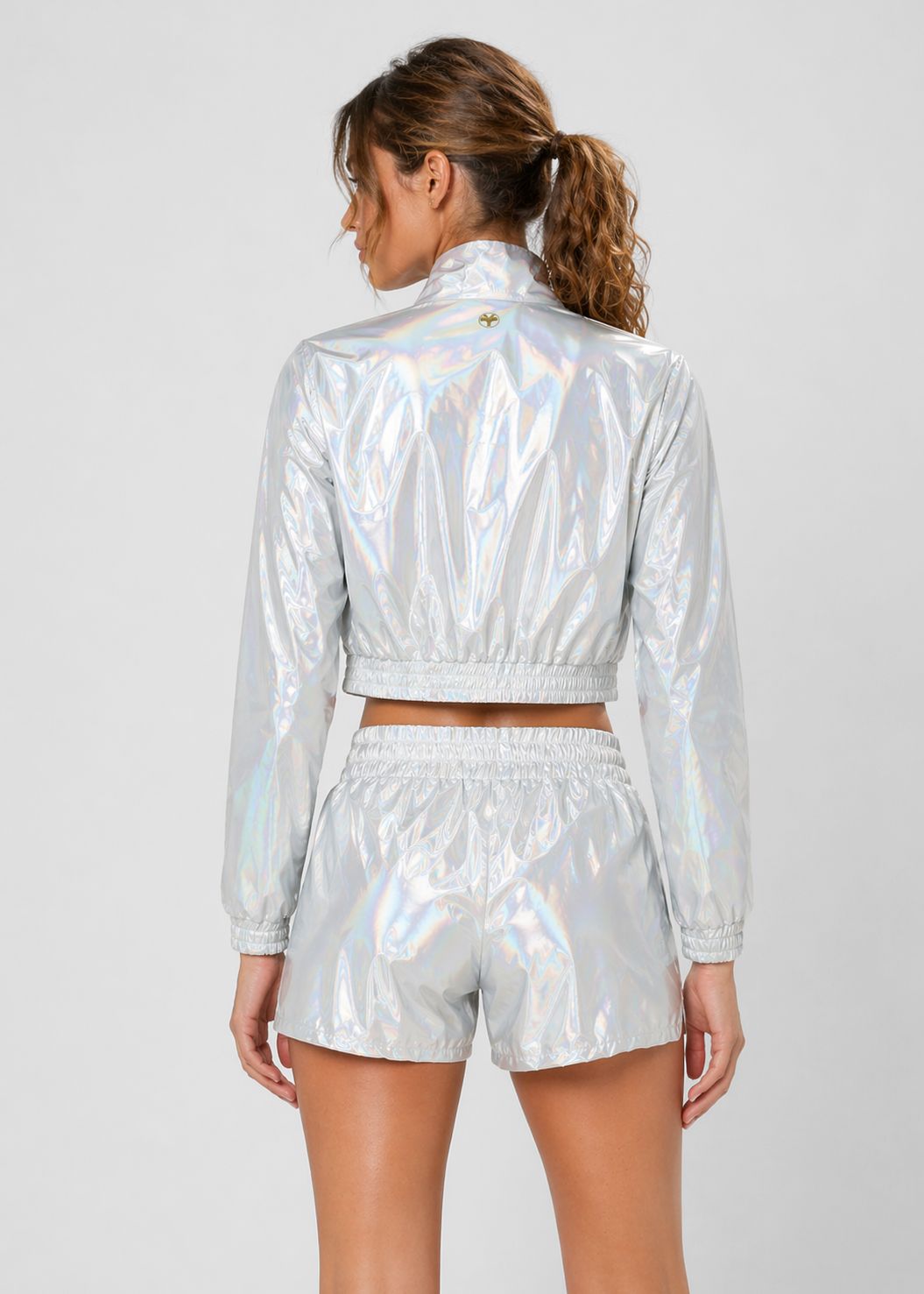 Women's Holographic Crop Bomber Jacket Made in USA side view