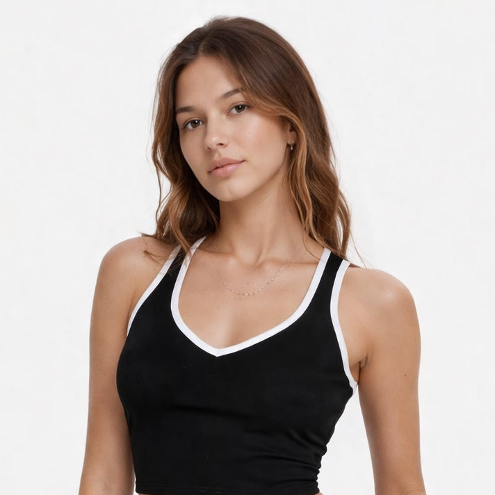 Women's Contrast Cropped Sports Bra Made in USA front view
