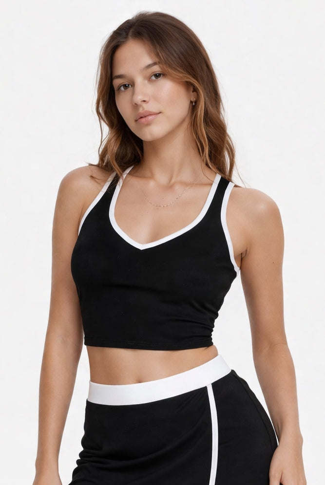 Women's Contrast Cropped Sports Bra Made in USA front view