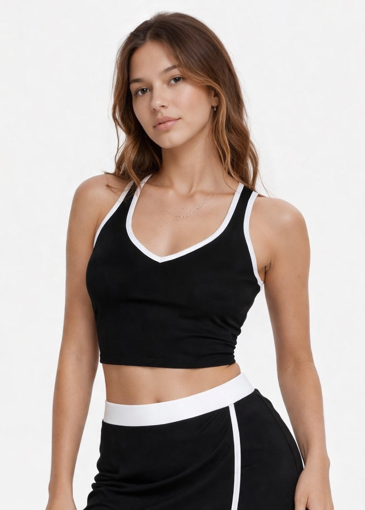 Women's Contrast Cropped Sports Bra Made in USA front view
