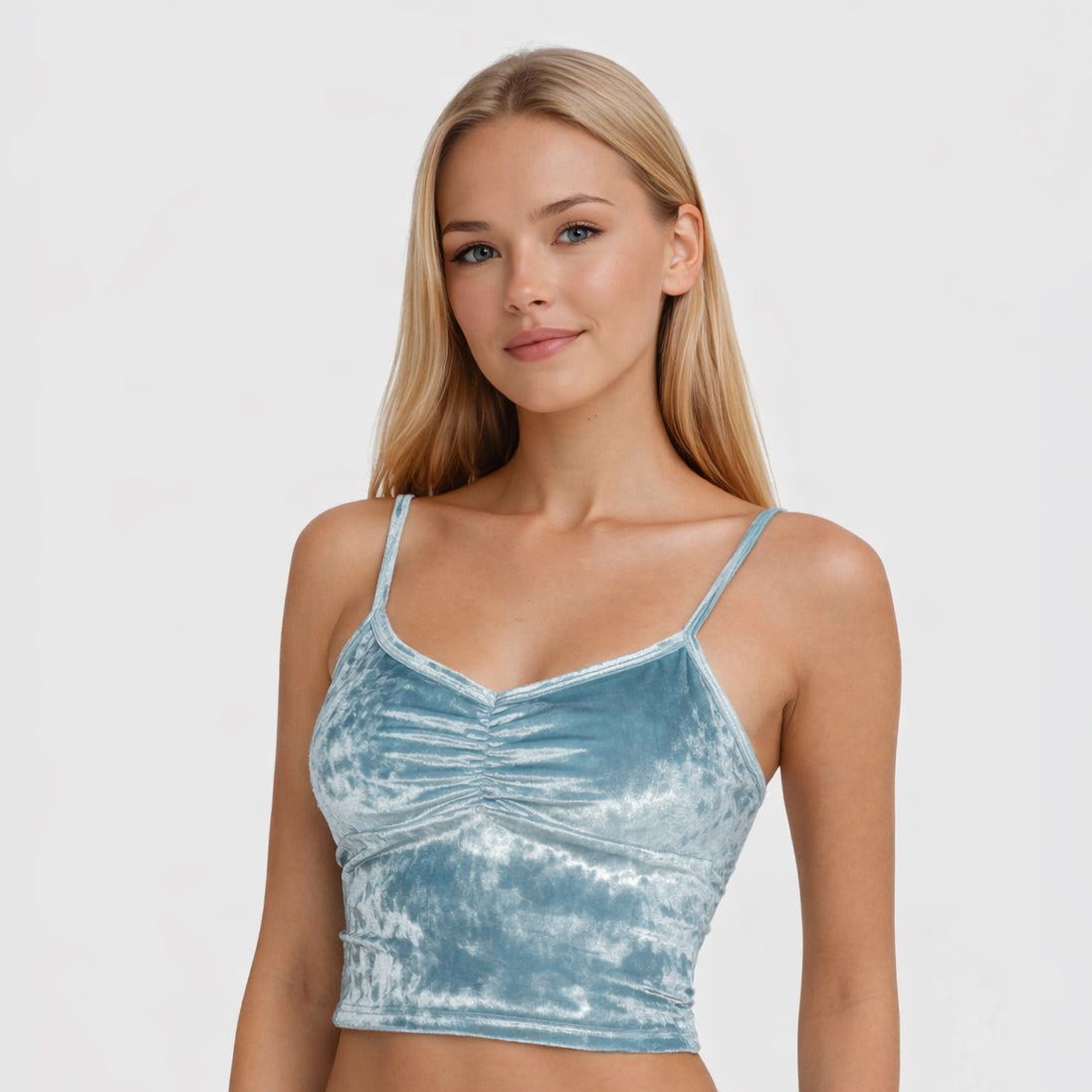 Women's Velvet Shirred Crop Top Made in USA front view
