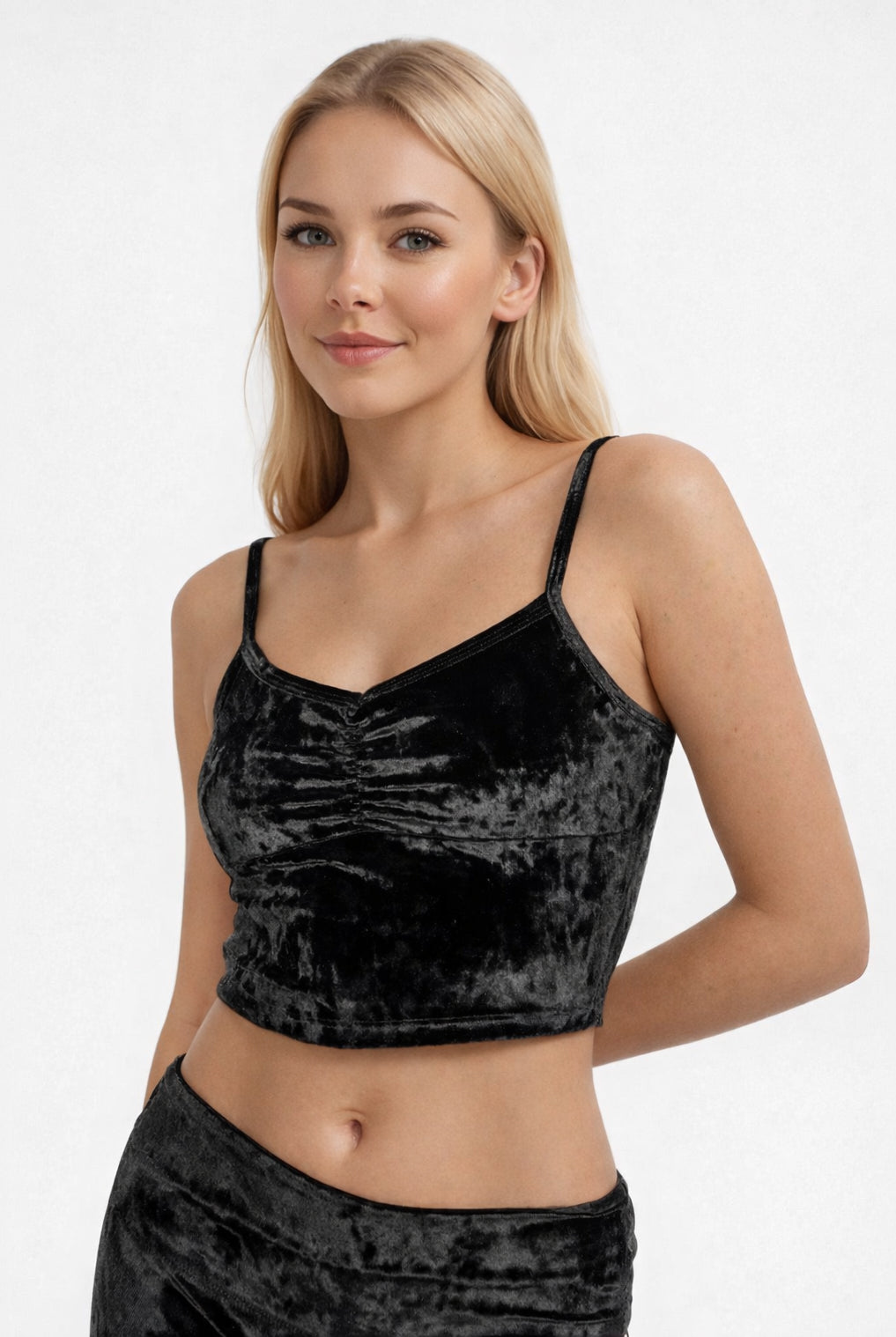 Women's Velvet Shirred Crop Top Made in USA detail view 7