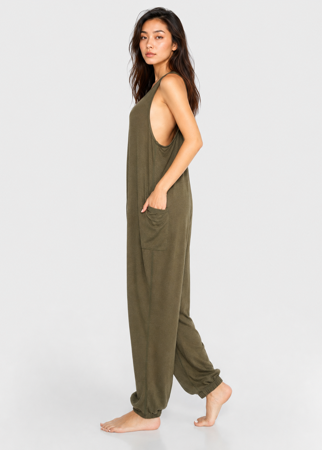 Women's Soft Drape Pocket Romper Made in USA front view