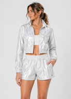 Women's Holographic Crop Bomber Jacket Made in USA front view