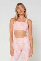 Women's Pink Houndstooth Zip Bra Made in USA front view