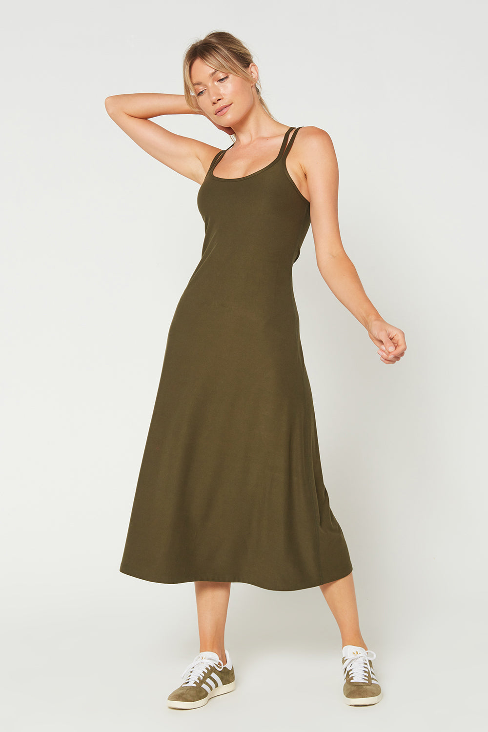 Women's Cross Back Strap Maxi Dress Made in USA front view