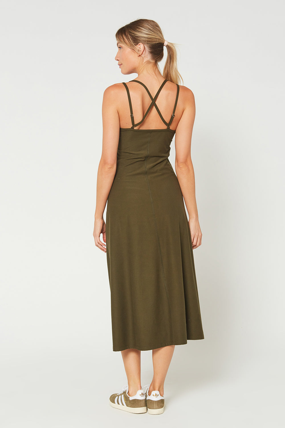 Women's Cross Back Strap Maxi Dress Made in USA side view